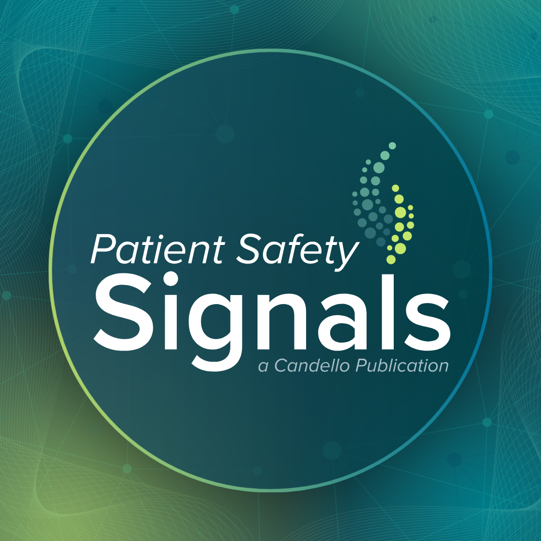 icon for patient safety signal newsletter with words and a feathery candello icon